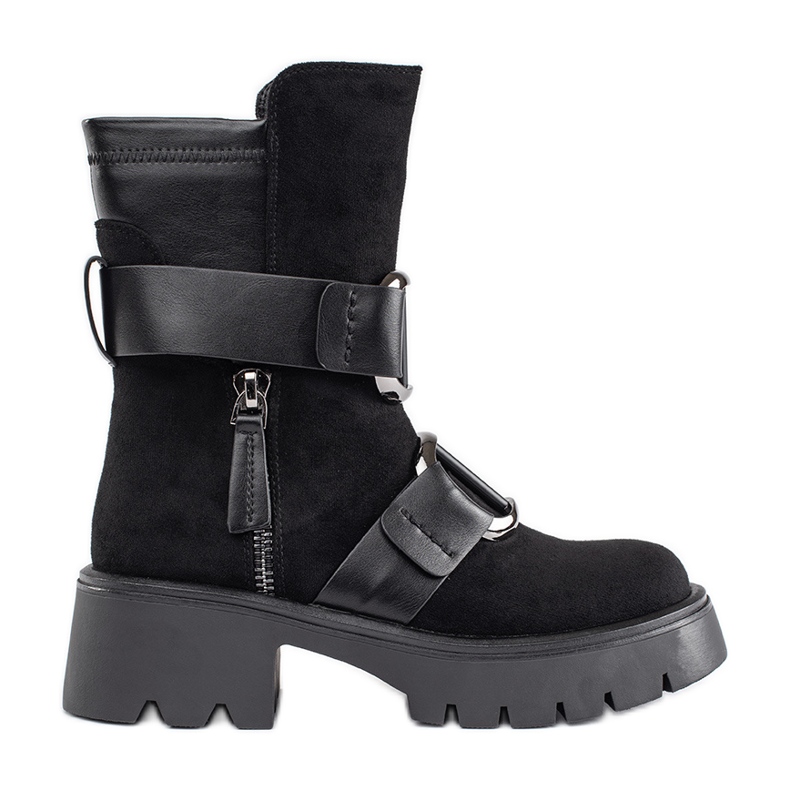 Goodin Botins femininos de camurça preta com fivelas preto Goodin Botins femininos de camurça preta com fivelas preto