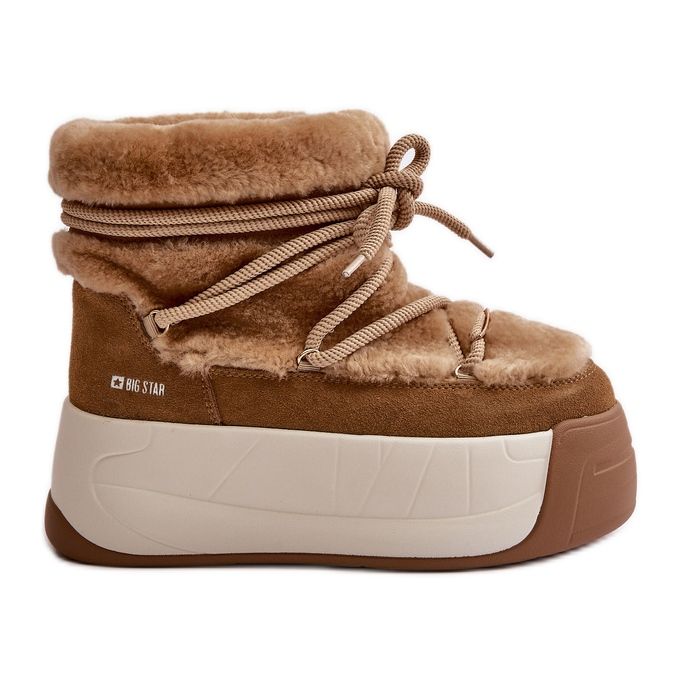 Botas femininas de couro para neve com sola grossa e pele Big Star OO274A207 marrom bege
