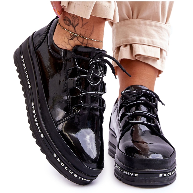 S.Barski Tênis preto Chantal de couro envernizado