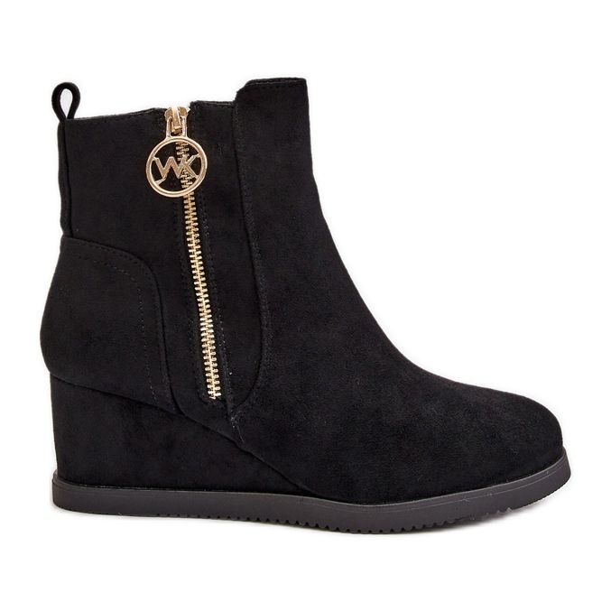 Botas de cunha isoladas com zíper decorativo, Eco Suede, Black Leretha preto