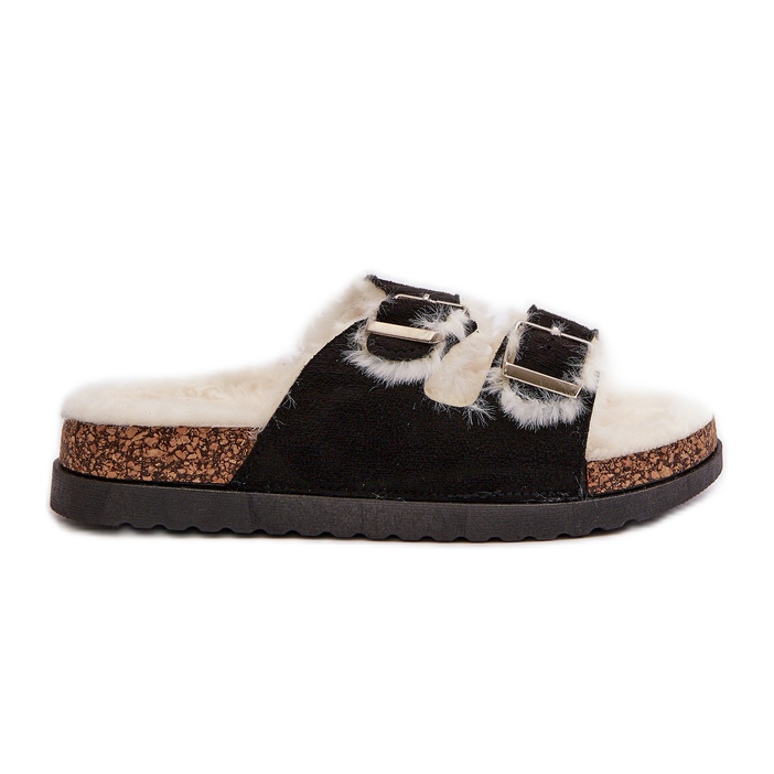 Chinelos femininos chinelos com fivelas e pele, preto Ezilena