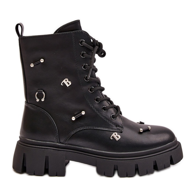 Botas femininas de trabalho com enfeites, couro ecológico, cadenilla preta preto