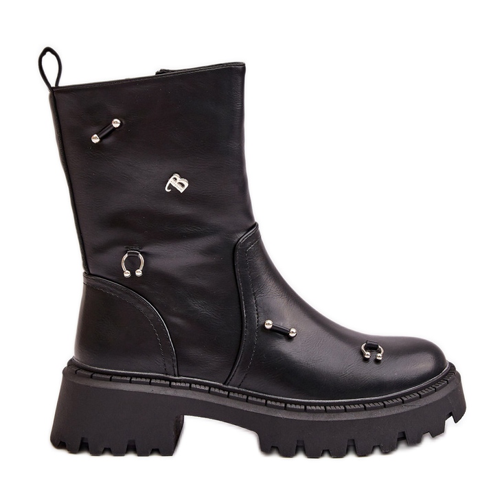 Botins femininos de couro ecológico com zíper e detalhes decorativos, Reritha preto