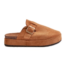 Tamancos femininos com plataforma e fivela dourada Camel Terilaina marrom