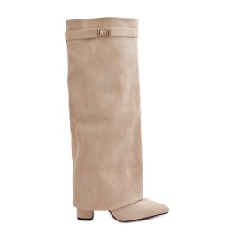 Botas femininas de camurça ecológica com parte superior virada para cima e salto alto sutiã bege