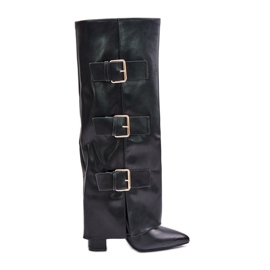Botas femininas isoladas de salto alto com cano virado para cima e fivelas, Black Pyregonia preto