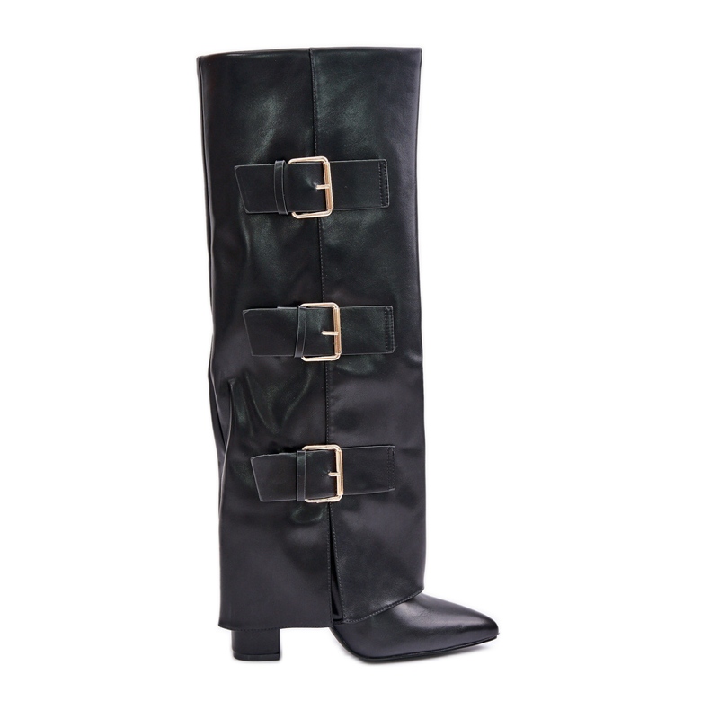 Botas femininas isoladas de salto alto com cano virado para cima e fivelas, Black Pyregonia preto