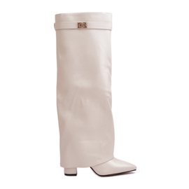 Botas femininas de couro ecológico com parte superior virada para cima e salto alto bege claro Avamora