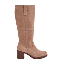 Botas femininas de salto alto acima do joelho, Erisorae bege