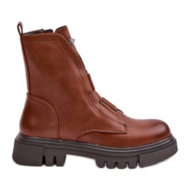 Botas de trabalho isoladas femininas com zíper, couro ecológico, Mailyra marrom castanho