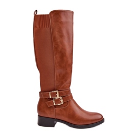 Botas femininas acima do joelho com fivelas Camel Lotina marrom