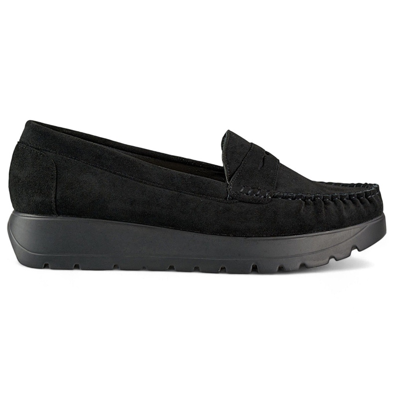 Mocassins femininos pretos confortáveis ​​com sola grossa e palmilha de couro