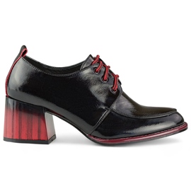 Botins lacados pretos com salto vermelho, sapatos femininos elegantes