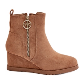 Botas de cunha isoladas com zíper decorativo, Eco Suede Camel Leretha marrom