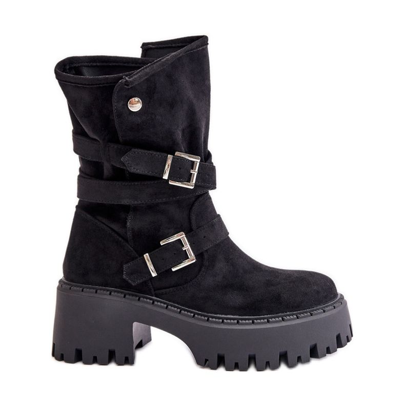 Botins femininos pretos com salto enorme, fivelas e tira Nerelisa
