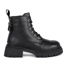 Botins femininos em couro preto com cadarço Botins femininos em couro preto com cadarço