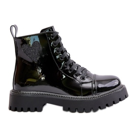 Botins femininos de couro envernizado com zíper e coração decorativo, preto Obeena