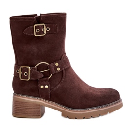 Botas femininas de salto baixo com fivelas, Zudra marrom