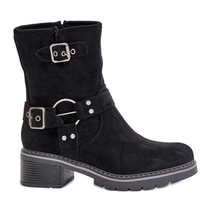 Botas femininas de salto baixo com fivelas pretas Zudra preto