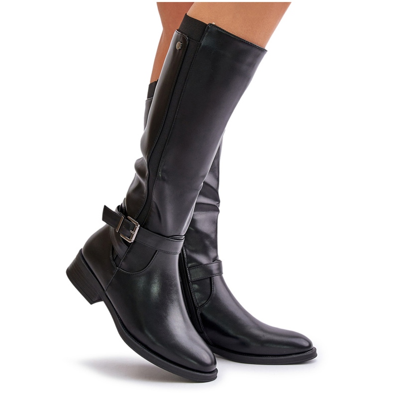 Botas femininas isoladas de salto baixo e fivela dourada, pretas Arsisna preto