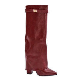 Botas femininas de couro ecológico com cano alto e salto alto, Borgonha Avamora vermelho