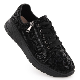 Sapatos femininos de couro preto com flores T.Sokolski J24-333