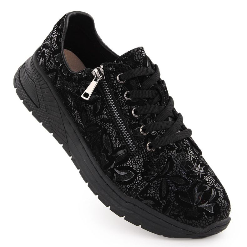 Sapatos femininos de couro preto com flores T.Sokolski J24-333