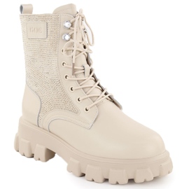 Botins femininos de couro com strass, bege Goe OO2N4108