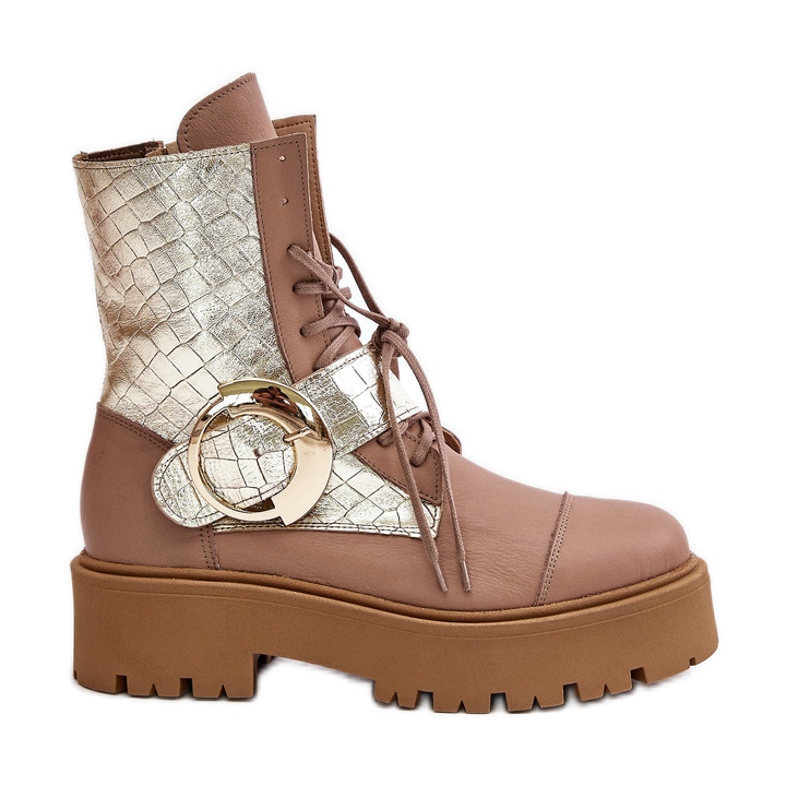 Zazoo 2942 Botins de couro para trabalho com fivela dourada, bege