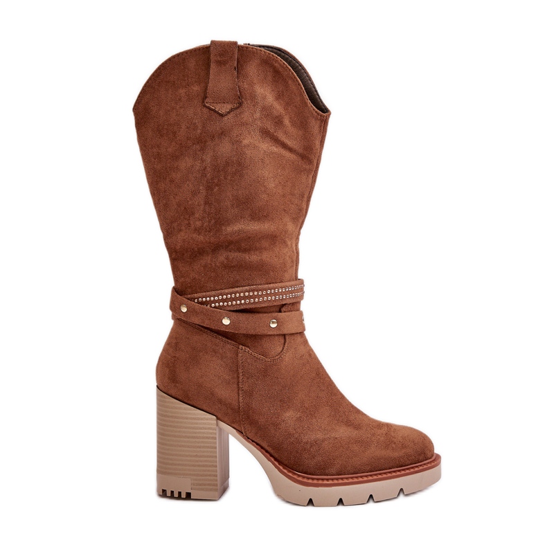 Jezzi Botas femininas quentes de camelo com salto médio na panturrilha Ivanelis castanho