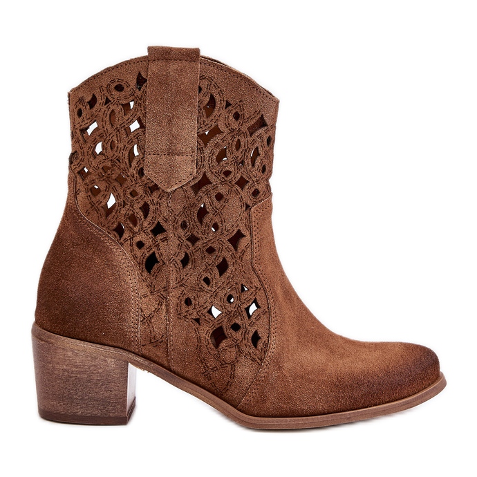 Botas femininas de salto alto com padrão vazado Lewski 3394/2 marrom castanho