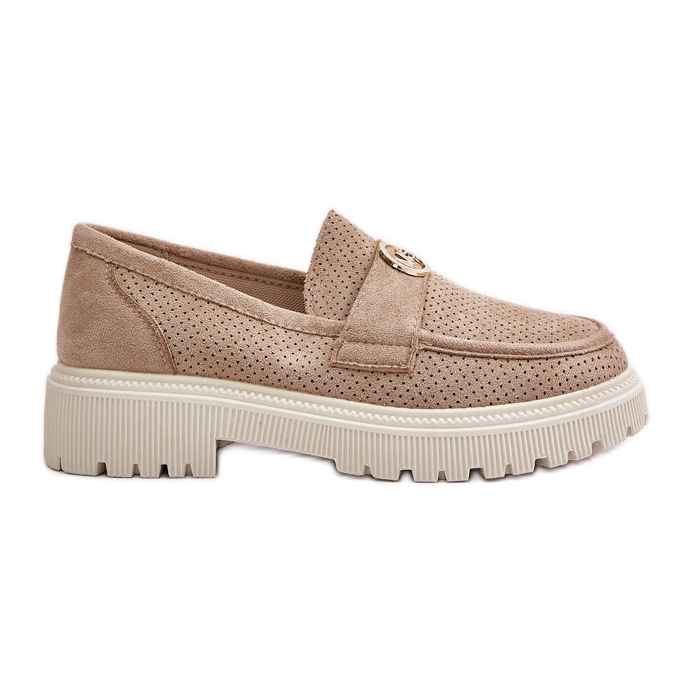 Mocassins Brogues Femininos Com Detalhe Dourado Cáqui Arilva bege