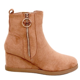 Botins Vavin Camel com cunha e zíper dourado bege