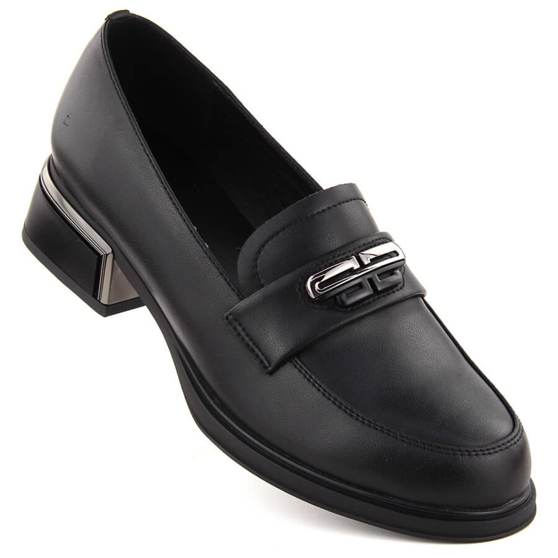 Sapatos femininos de couro com salto decorativo, preto Vinceza 77102