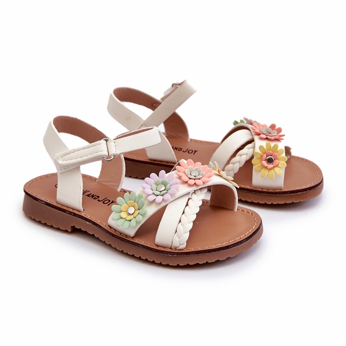 Sandálias de meninas presas com velcro com flores brancas branco