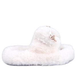 Chinelos de pele Burano Bege com laço e ursinho de pelúcia