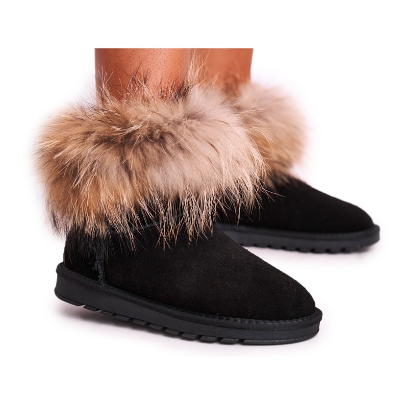 Botas femininas de couro Mukluki para neve com pele de raposa preta preto