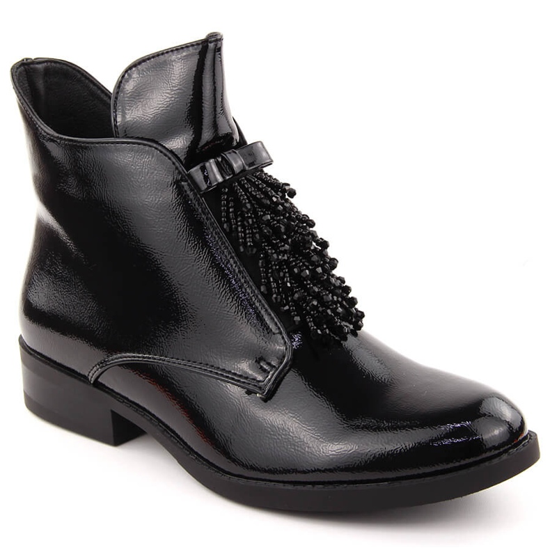 Botins femininos de couro envernizado com miçangas, pretos S.Barski