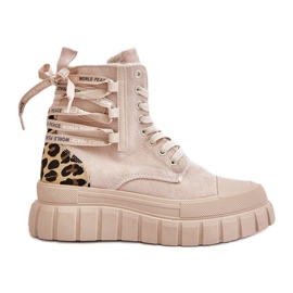 Botas femininas com plataforma com cadarço decorativo, leopardo bege claro Edidda Botas femininas com plataforma com cadarço decorativo, leopardo bege claro Edidda