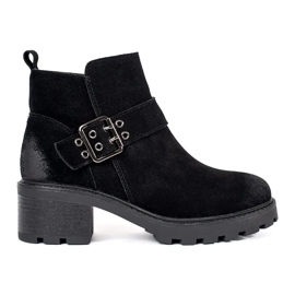 Botins femininos pretos de salto alto em couro nobuck natural com fivela decorativa de Sergio Leone