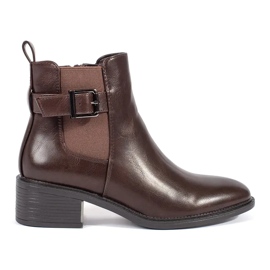 Botas femininas Chelsea marrons com fivela e salto alto marrom