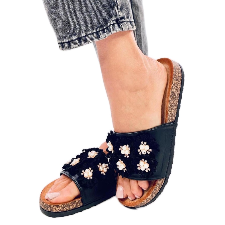 Sandália Chinelo de cortiça com flores Emiles Preto - Inello