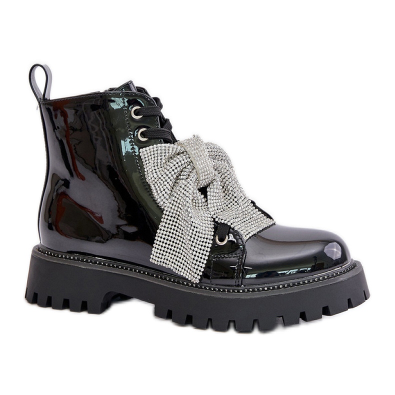 Botins femininos envernizados com laço preto Botins femininos envernizados com laço preto