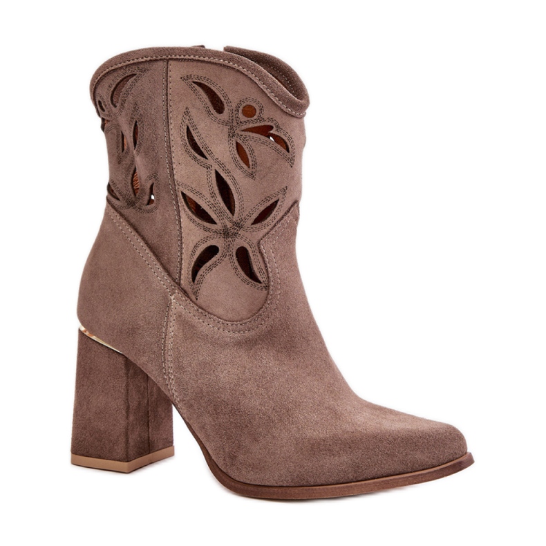 Lewski Botins femininos de salto alto bege escuro com parte superior vazada