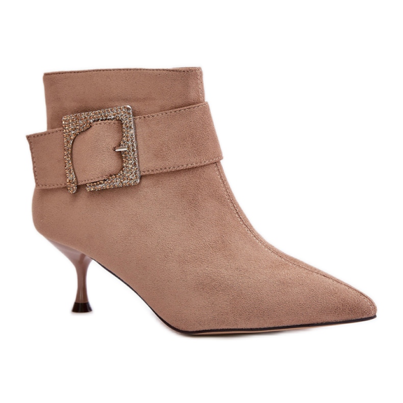 Botins femininos de salto alto com fivela decorativa bege Botins femininos de salto alto com fivela decorativa bege