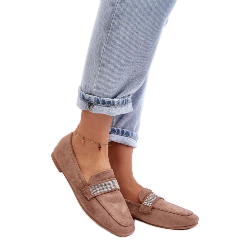Mocassins femininos com strass Marrom castanho