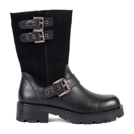 Botins femininos de couro preto na plataforma decorados com listras Sergio Leone Botins femininos de couro preto na plataforma decorados com listras Sergio Leone