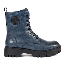 Botins femininos de couro com cadarço azul marinho e plataforma Sergio Leone Botins femininos de couro com cadarço azul marinho e plataforma Sergio Leone