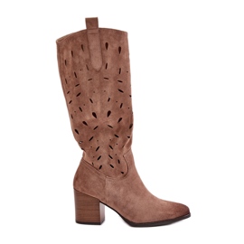 Botas Eco Suede Salto Alto Com Padrão Openwork Vinceza 58344 Bege Escuro