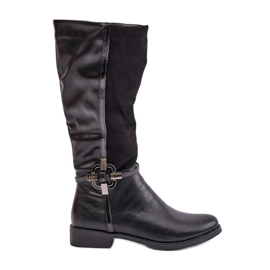Jezzi Botas isoladas de salto plano com fivela decorativa, Leatharia preta preto Jezzi Botas isoladas de salto plano com fivela decorativa, Leatharia preta preto